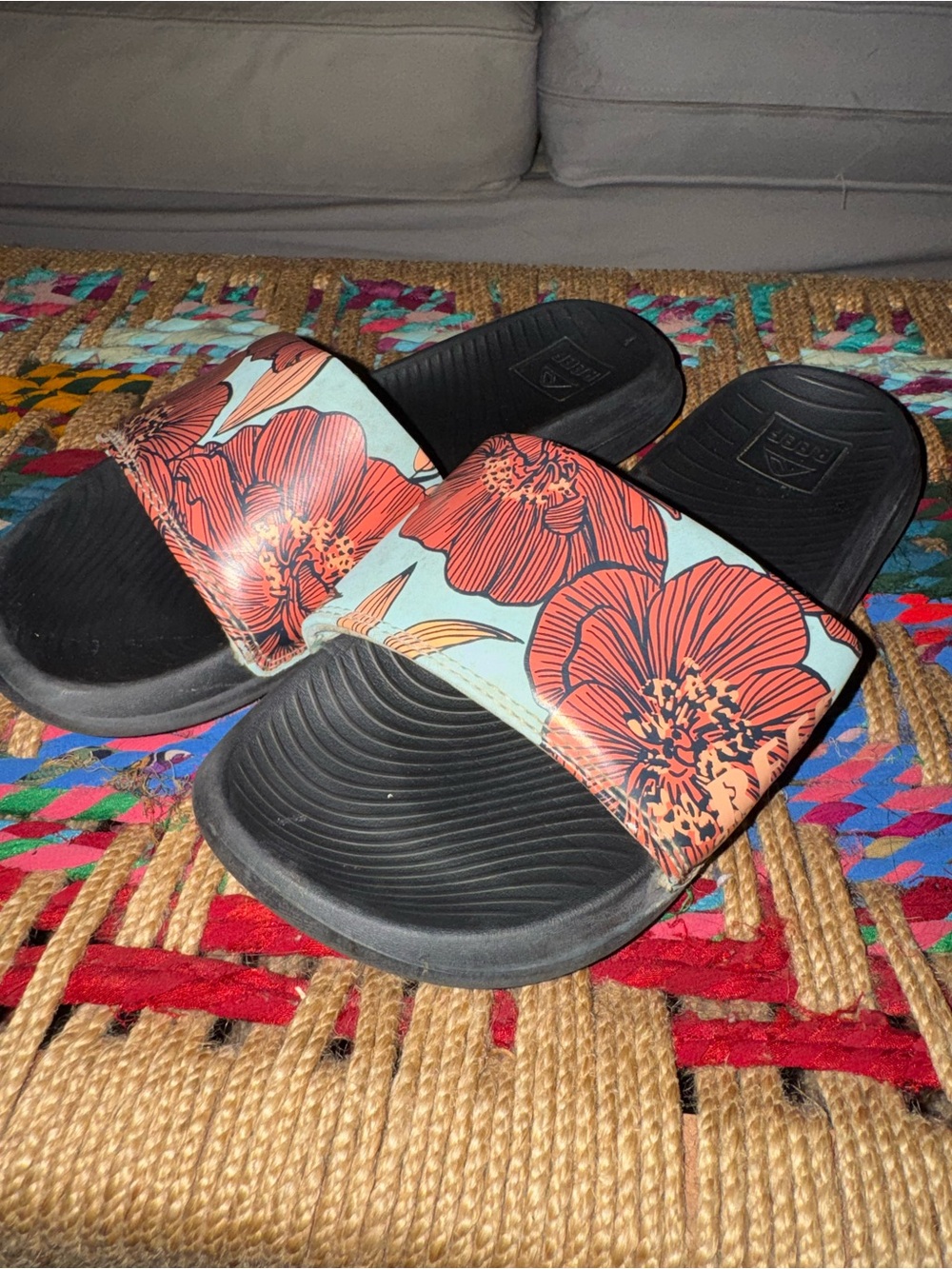 Reef Women's Black Slides with Coral Floral Strap
